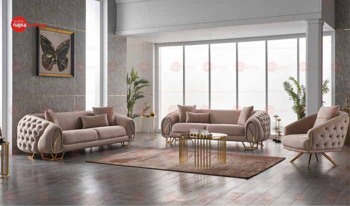 Diamond Luxury Modern Velvet Sofa Set Beige Gold
